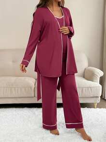 SHEIN 2 件套对比色饰边细肩带按扣前开合连体衣罩衫套装 - 酒紅色 - 查看 7