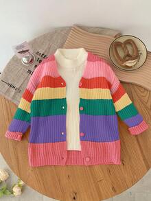 SHEIN Babygirl Cute Colorful Striped Cardigan Sweater, Versatile For Autumn/Winter - Multicolor - View 11