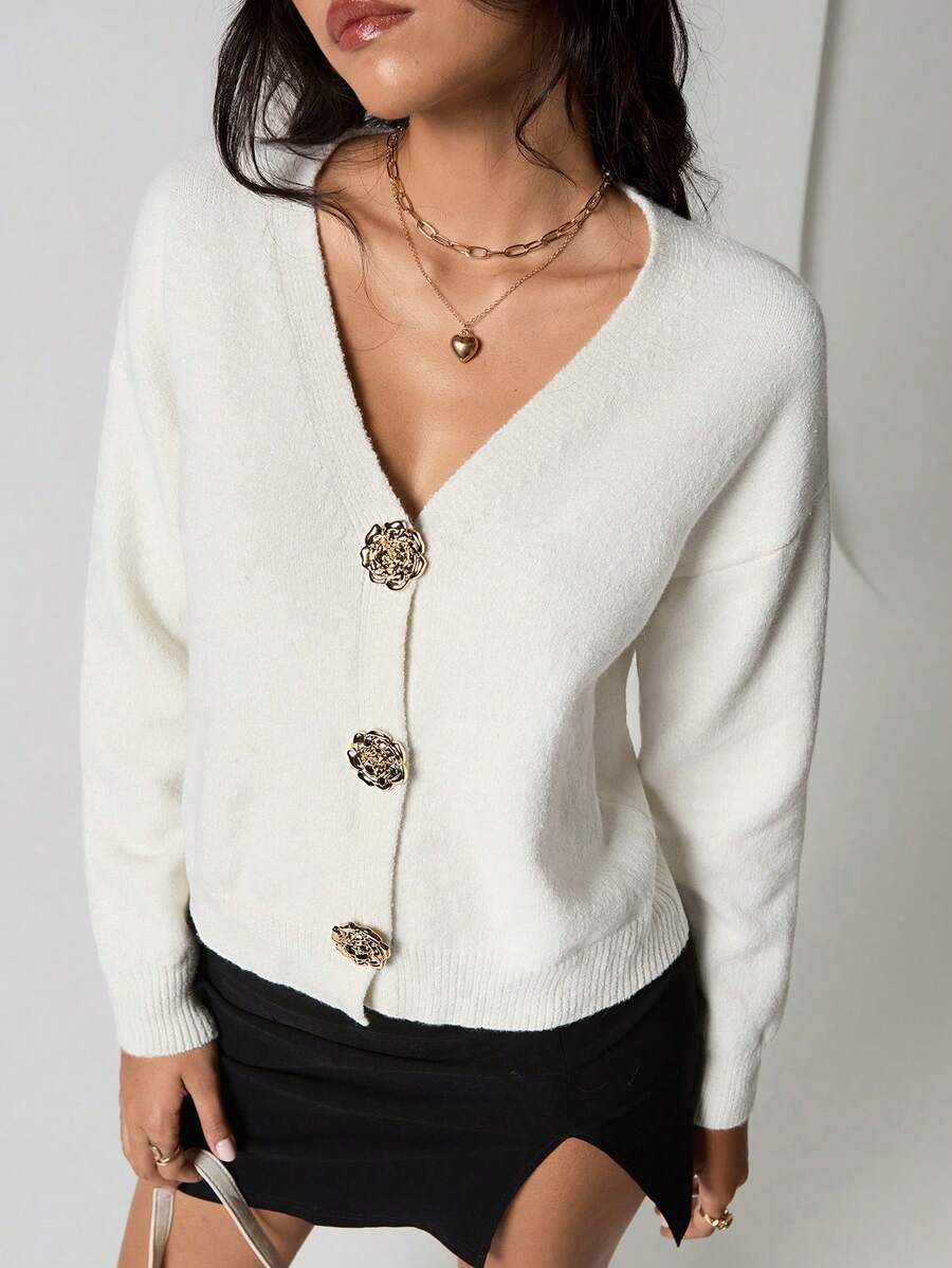 SHEIN TRNDY 1pc Women's White Cardigan, Casual V-Neck Asymmetrical Button Design, Knitted, Versatile, Autumn/Winter - White - View 1