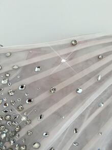 Lovelzi Elegant Luxurious Strapless Mesh Sheer Corset Top With Boned Trim, Intricate Beaded Hem With Asymmetrical Ruched Mesh Skirt, Adjustable Back Tie, Suitable For Dates, Vacations, Birthdays, Graduations, Weddings, Bridal Shower, Tea Party - White - View 9