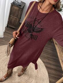 EMERY ROSE Women's Casual Letter & Eagle Graphic Split Hem Long Sleeve Dress, Autumn/Winter - Red Violet - View 4