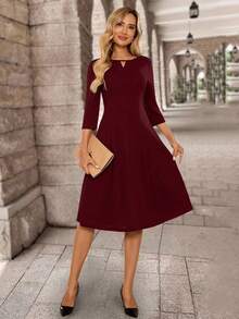 EMERY ROSE 女士优雅派对纯色修身中长连衣裙 - 酒紅色 - 查看 4