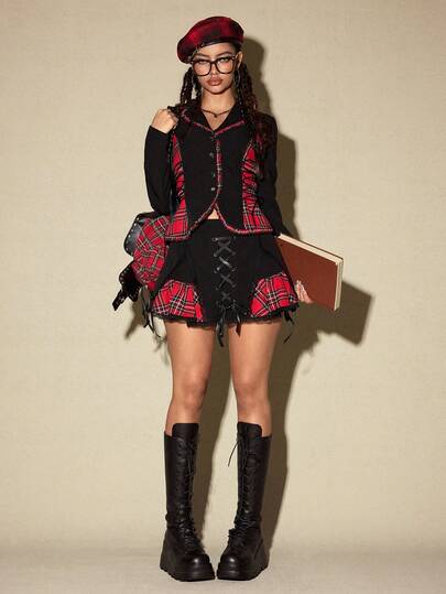 ROMWE Avant Karierter Strickjacken-Blazer im College-Stil mit geraffter Taille, kombiniert mit Minirock, Damen 2 Stücke Set