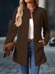 EMERY ROSE 女士休闲立领中长款厚外套，长袖，秋冬 - 咖啡棕 - 查看 5