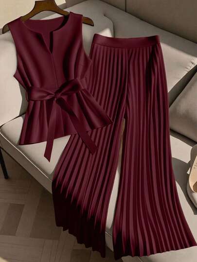 Regalyn 2pcs Plus Size Women Sleeveless Top And Casual Loose Pleated Wide Leg Pants Set