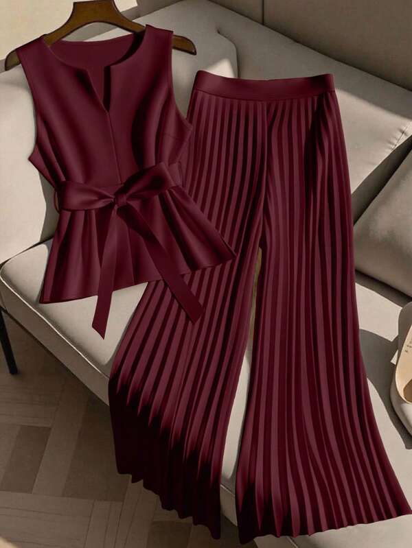 Regalyn 2pcs Plus Size Women Sleeveless Top And Casual Loose Pleated Wide Leg Pants Set