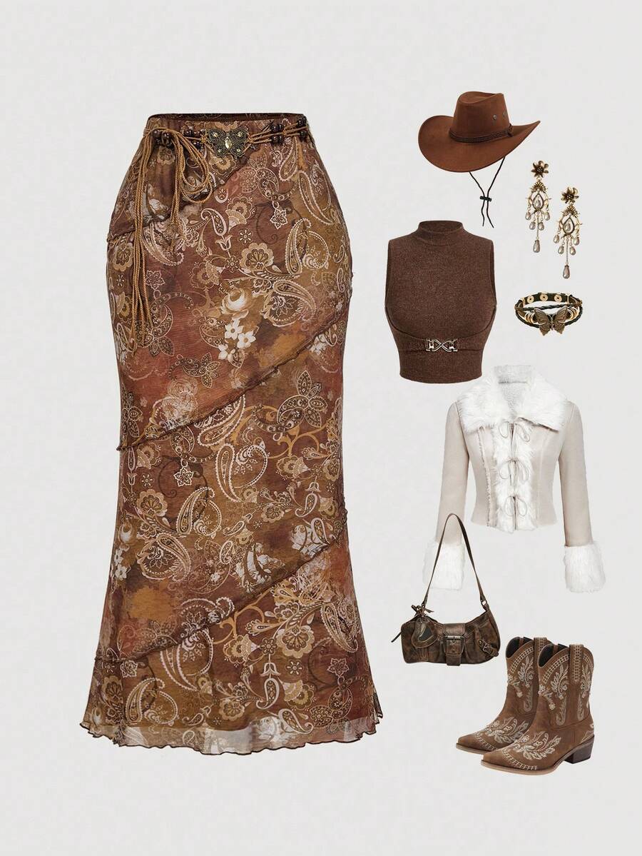 SHEIN MOD تنورة شبكية ذيل سمكة مطبوعة بطبعة الكاجو غير متماثلة وذات شق جانبي للنساء