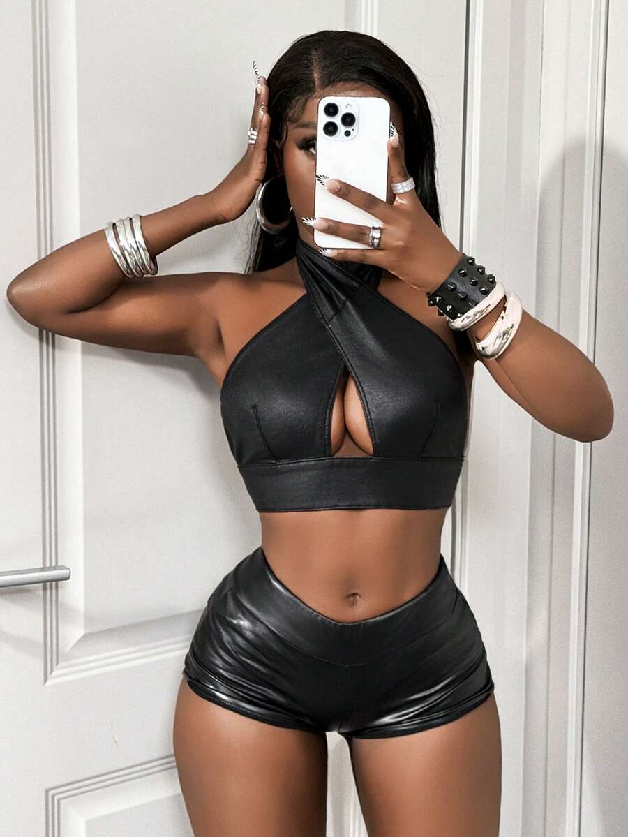 BamGleam Women's Sexy Halter Neck Hollow Out Wireless Bra Top, Faux Leather Coated - Black - View 1