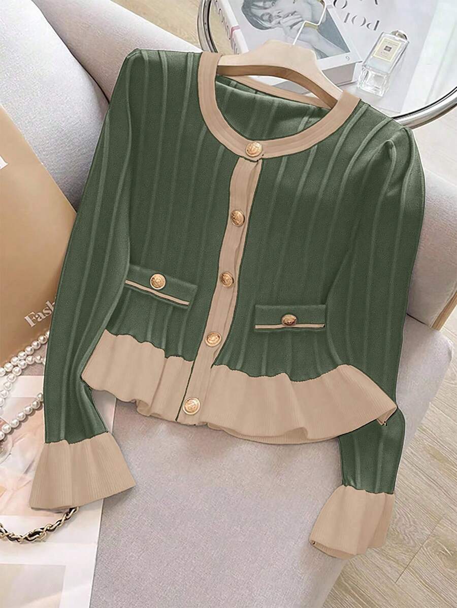 Franclia Neue sanfte, elegante Rüschenärmel Rüschensaum Strick-Cardigan für Frauen, Frühling/Herbst