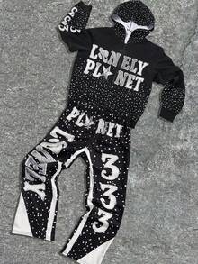 2 件装青少年男孩休闲运动学院街头涂鸦图案连帽开衫运动衫和喇叭裤套装适合儿童服装幼儿男孩服装返校男孩套装适合生日派对、晚会、表演、婚礼、洗礼、开幕式日常适合日常使用适合上学适合旅行适合运动适合春秋冬季