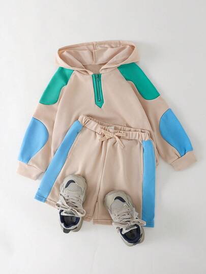 THE HAPPY LOOK Conjunto de sudadera con capucha y pantalones cortos con bloques de color para niños pequeños