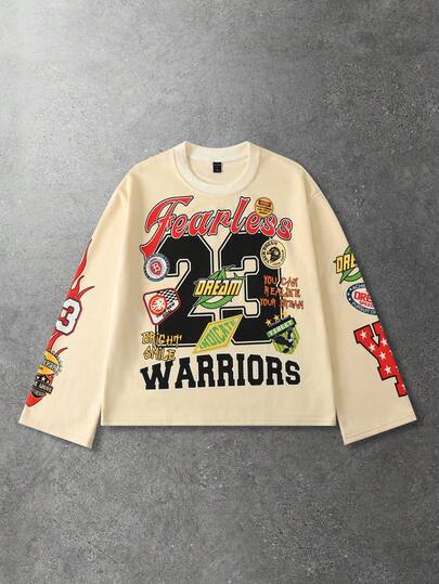 Street Life Men's Letter Print Round Neck Casual Long Sleeve T-Shirt, Retro Street Style