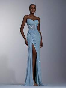 Elitara Elegant, Romantic, Sexy, Minimalist, Greyish Blue, Stretchy Sequin Fabric, Chiffon Patchwork, Pleated Decor, Sequins Decor, Long Sleeve, Front Slit, Fish Tail Hem, Backless Tie, Fashionable, Holiday, Vacation, Birthday Party, Wedding, Formal Dinner Dress