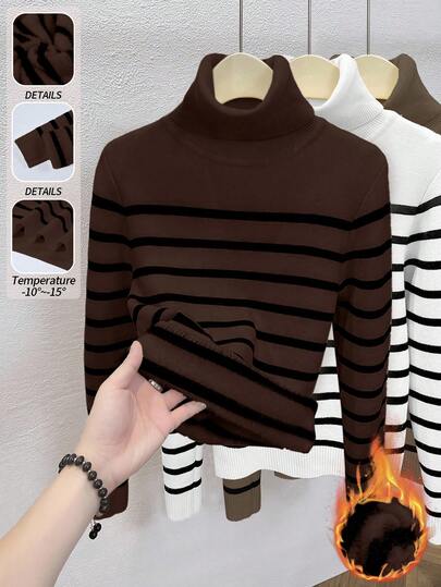 Franclia New Autumn/Winter High Collar Slim Fit Striped Patchwork Casual Fleece Pullover Sweater For Women