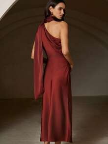 EMERY ROSE Elegant Commute & Vacation Asymmetric Satin Dress - Rust Brown - View 2