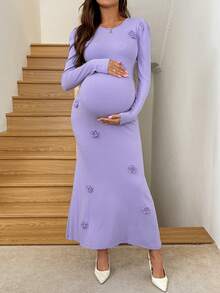 SHEIN Pregnant Women Solid Color 3D Floral Decor Round Neck Bubble Long Sleeve Fitted Elegant Dress Pregnant Outfits Lavender Maternity Dress Maternity Outfits Maternity Dress Baby Shower Pregnancy Dress For Photoshoot Winter Clothes  Long Party Dresses  Elegant Party Dress Chic