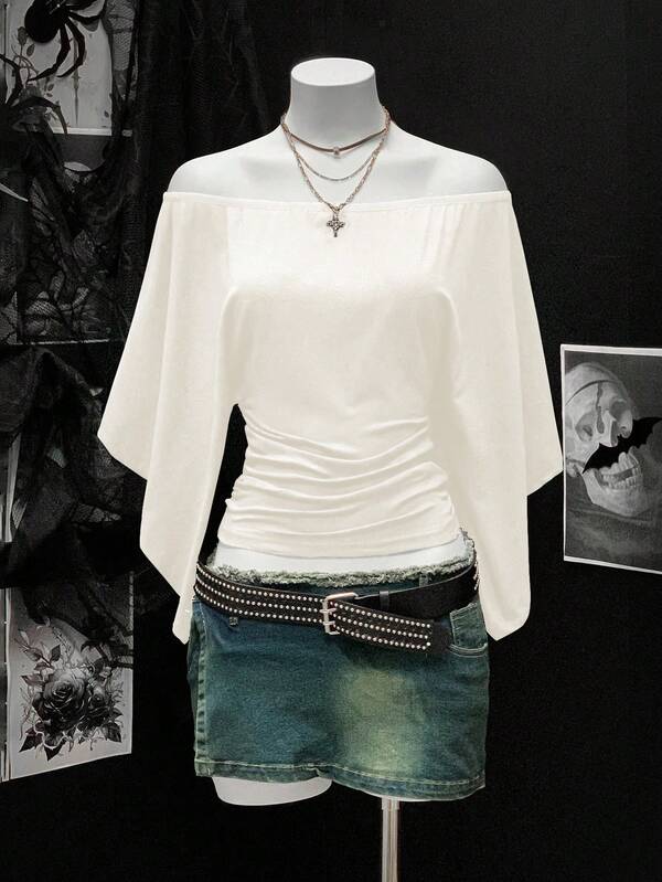 EgrlEra Casual Solid Color Off Shoulder Cinched Waist T-Shirt