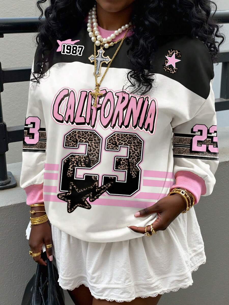 Rovax Women's Letter Print Round Neck Drop Shoulder Long Sleeve Casual Loose Sweatshirt - Pink - View 1