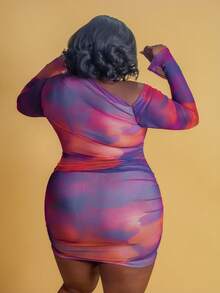 CurvyTilda Plus Size Women's Fashion Ombre Asymmetrical Neck Mini Dress, For Hourglass Body Shape