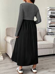 SHEIN 孕妇拼布条纹圆领长袖休闲宽松连衣裙 - 黑色 - 查看 2