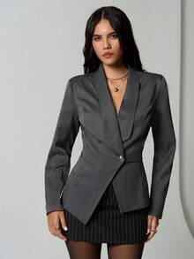 TRNVIE 1 pièce Blazer casual/de travail pour femmes avec col asymétrique et taille cintrée, coupe évasée, gris foncé, automne/hiver - Gris - Voir 3