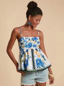 Travachic Áo hai dây nữ in hoa, viền bèo nhún, thời trang cho kỳ nghỉ, áo hoa xanh trắng, thích hợp cho Giáng sinh, Năm mới, Lễ Tạ ơn, áo thanh lịch sang trọng cho tiệc tùng, từ xuân hè, ngày Valentine. - Xanh và trắng - Xem 4