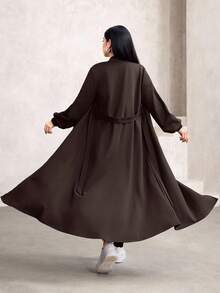 Graceveil Elegant Waist Cinched Long Sleeve Stand Collar Minimalist Design Slim Fit Casual Jacket, Autumn/Winter Dress With Zipper Open Abaya Modest Dress - Chocolate Brown - View 2