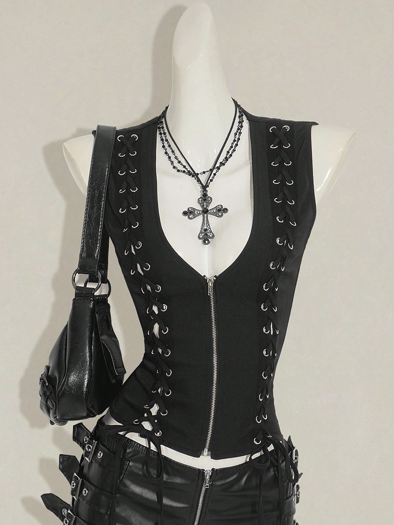 X Yerimua Icon Y2K Women’S Black Goth Sexy Solid Color Keyhole Tie Up Zipper