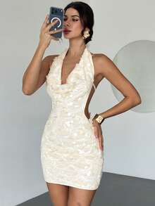 Firerie 女式低胸露背性感挂脖迷你亮片连衣裙 - 杏色 - 查看 5