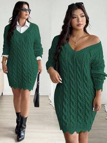 Vionelle Plus Size V-Neck Wavy Hem Drawstring Cable Knit Pattern Long Sleeve Sweater Dress, Solid Color, Casual, Autumn/Winter - Dark Green - View 1