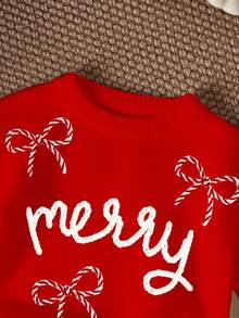 SHEIN 圣诞快乐少女休闲可爱圣诞手绘英文“Merry”，蝴蝶结装饰，圣诞红，圆领舒适长袖毛衣适合秋冬，早秋毛衣，针织毛衣，轻松针织造型，秋冬针织时尚，秋冬休闲牛仔，红色毛衣，圣诞毛衣 - 紅色 - 查看 5