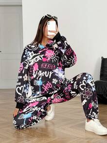SHEIN 2pcs/Set Teen Girl Colorful Letter Graphic Print Hooded Autumn Sweatshirt And Sweatpants, Thermal Lined , Thickened, Casual - Black - View 8