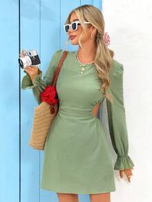 Vivid Eden 女式纯色圆领喇叭袖镂空腰部时尚迷你连衣裙 - 綠色 - 查看 8