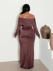 Maweii Plus Size Elegant Fitted Oblique Shoulder Long Sleeve Versatile Dress - Coffee Brown - View 3