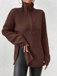 SHEIN Frenchy Áo len đen hạt kéo khóa nửa vai, áo dài tay cho mùa thu/đông - màu nâu - Xem 5