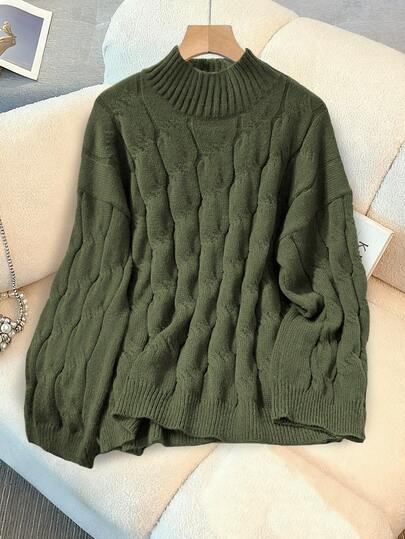 GlowEve CURVE Plus Size Women Knitted Casual Sweater Top, Flare Sleeve, Stand Collar, Drawstring, Loose Fit, Solid Color Pullover Sweater