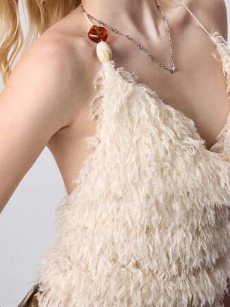 Grunge Punk توب قصير مزين بالخرز والشعر المنسدل على الرقبة بطراز Y2K الرجعي للنساء