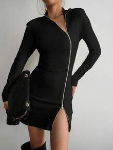 Aidyla 秋冬季修身高领不对称拉链针织连衣裙，剪裁合身，显瘦显瘦 - 黑色 - 查看 4