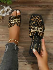 Sandalia de mujer con cadena decorativa diseño minimalista punta cuadrada sin cordones plana estilo casual para oficina y diario - Multicolor - Ver 1