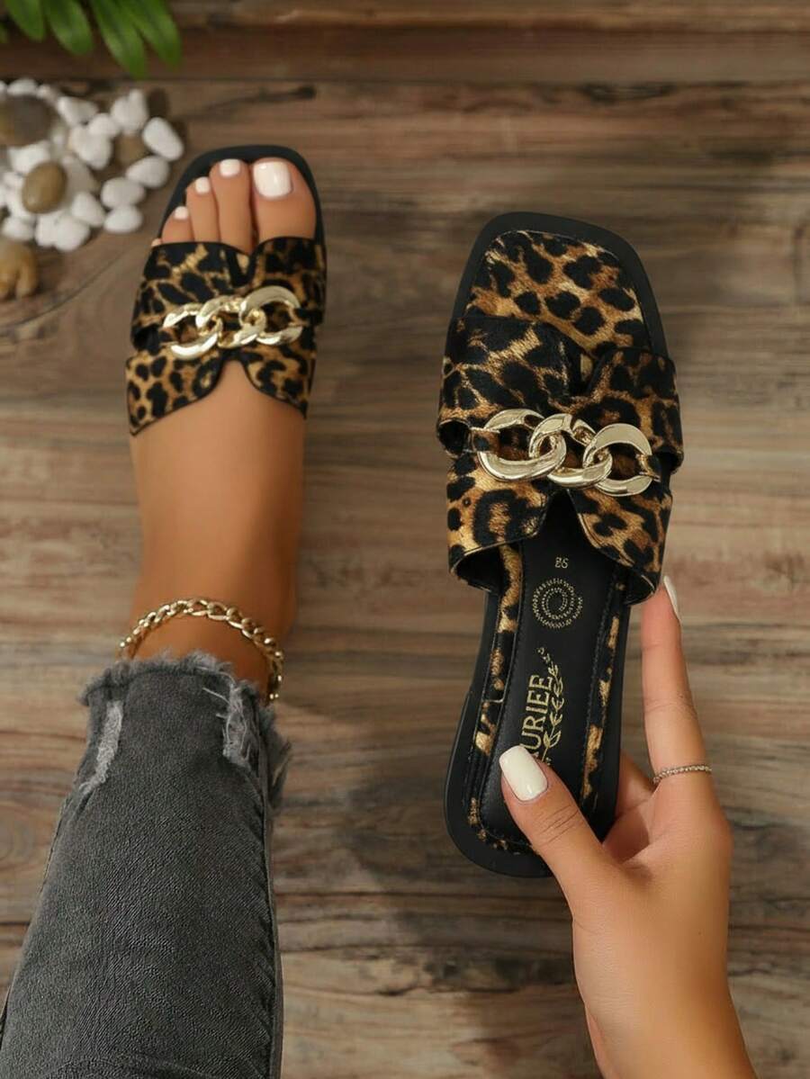 Sandalia de mujer con cadena decorativa diseño minimalista punta cuadrada sin cordones plana estilo casual para oficina y diario - Multicolor - Ver 1
