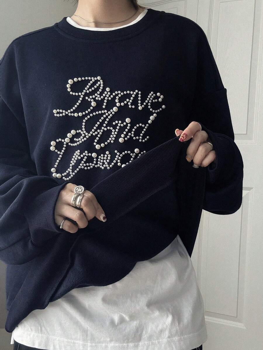 FRIFUL Áo nỉ cổ tròn dáng rộng dành cho nữ có họa tiết chữ ngọc trai giả, lớp lót nhiệt dày - Màu xanh hải quân - Xem 1