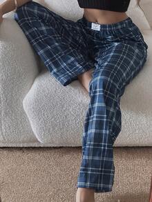 SHEIN Women's Casual Plaid Print Elastic Waist Straight Leg Lounge Pants, Winter, Christmas - Navy Blue - View 5