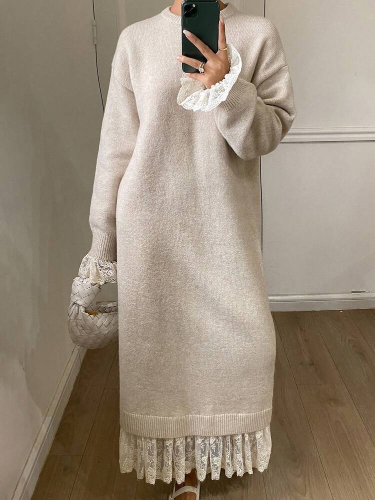 Casual Long Sweater Dress For Women Elegant Plain Apricot Knitwear With Ruffle Hem Long Length Raglan Sleeve