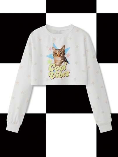 Y2Kool Maria Clara Maia Sudadera corta con cuello redondo con gráfico desgastado "Good Vibes" con estampado de gato y estrella, estilo Y2K, para mujer, casual para fiestas de otoño/invierno, uso diario