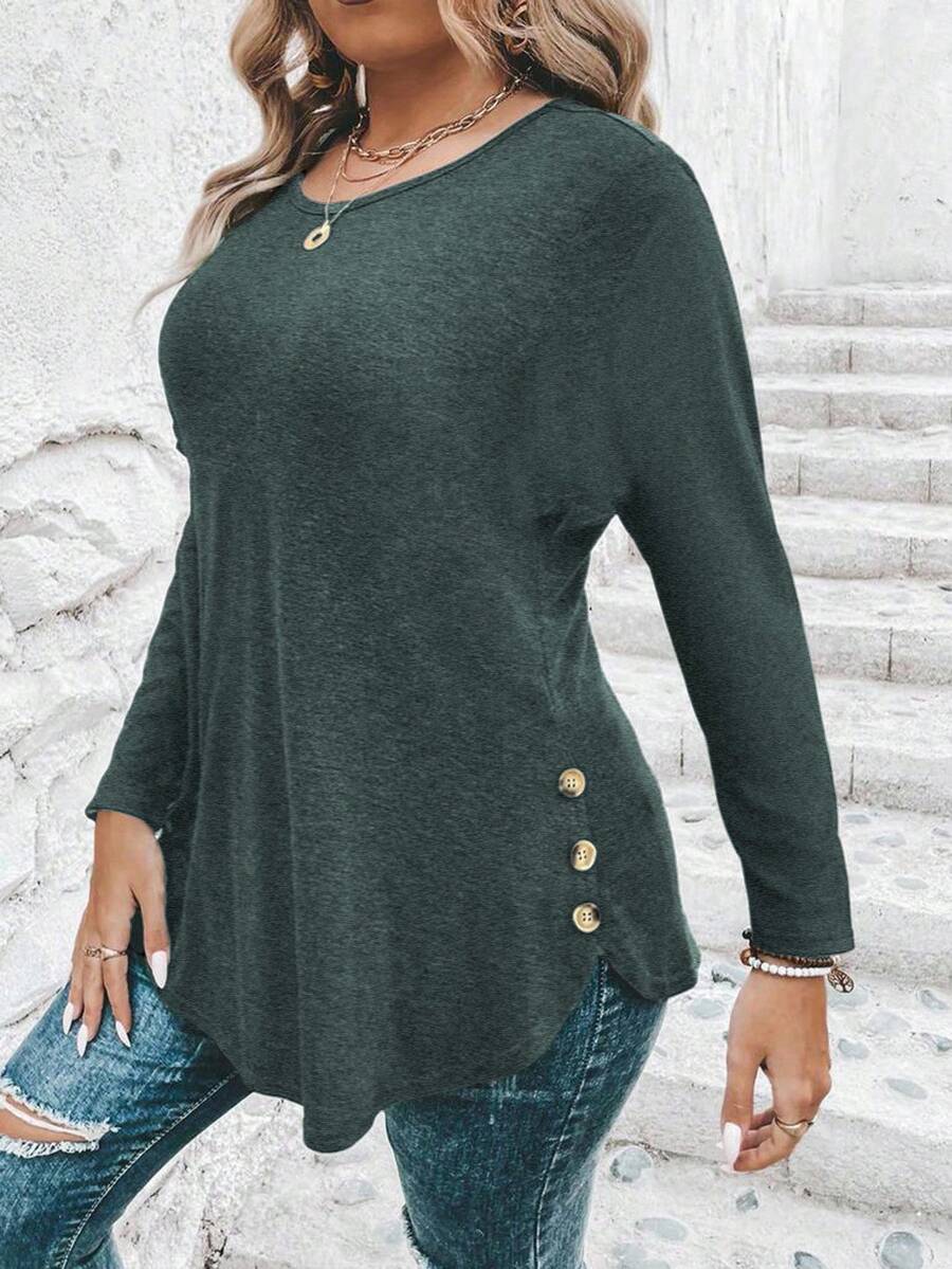 SHEIN Clasi Plus Size Women's Casual Solid Color Basic Round Neck Long Sleeve T-Shirt - Dark Green - View 1