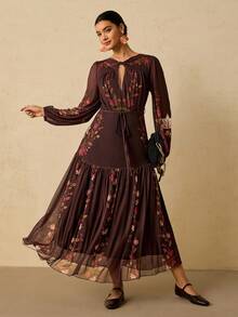 Travachic Plus Size Elegant Printed Knit Double Layer Long Sleeve Dress, Suitable For Party And Holiday - Black - View 4