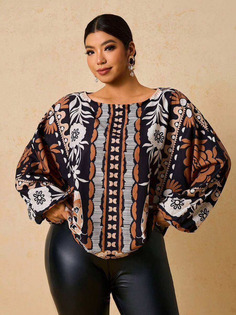 Travachic 大码女式印花长袖衬衫，大码秋季圆领束腰衬衫 - 黑色 - 查看 1