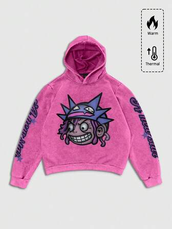 Street Life Sudadera con capucha con estampado de retrato gráfico para hombre, lavado vintage, estilo urbano, otoño/invierno