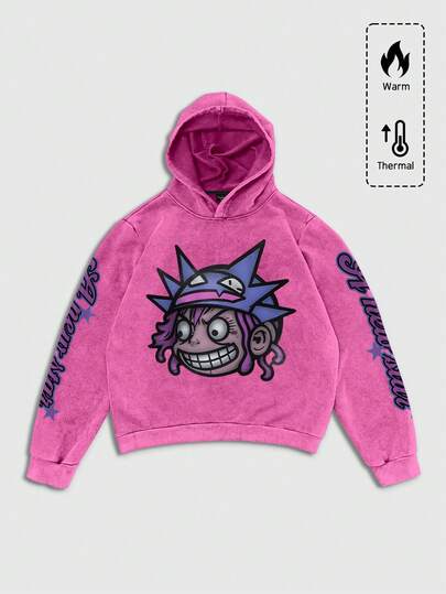 Street Life Men Graphic Portrait Print Vintage Wash Hoodie, High Street, Fall/Winter