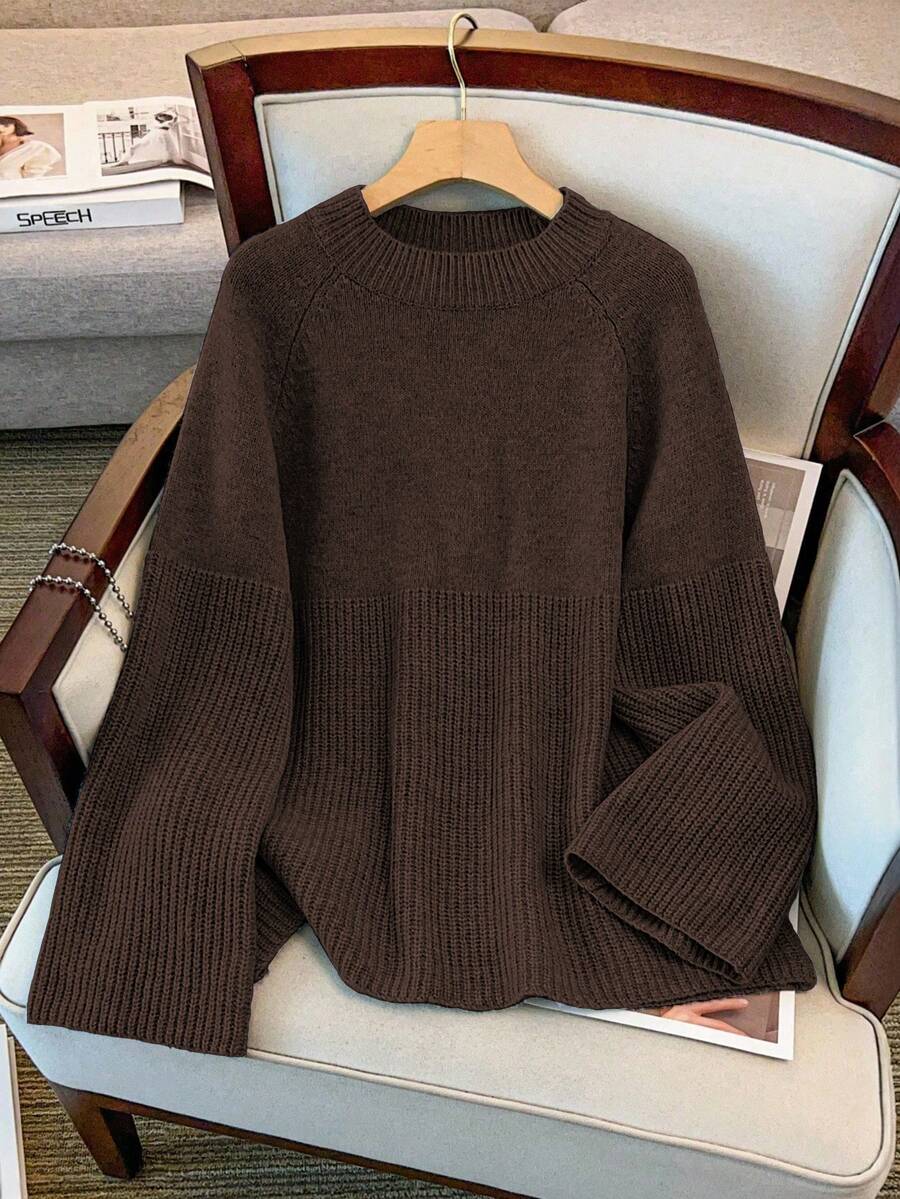 GlowEve CURVE 大码女式宽松休闲插肩袖针织套头衫，冬季 - 咖啡棕 - 查看 1